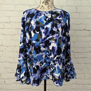 Halston Blue Floral Bell Sleeve Top M